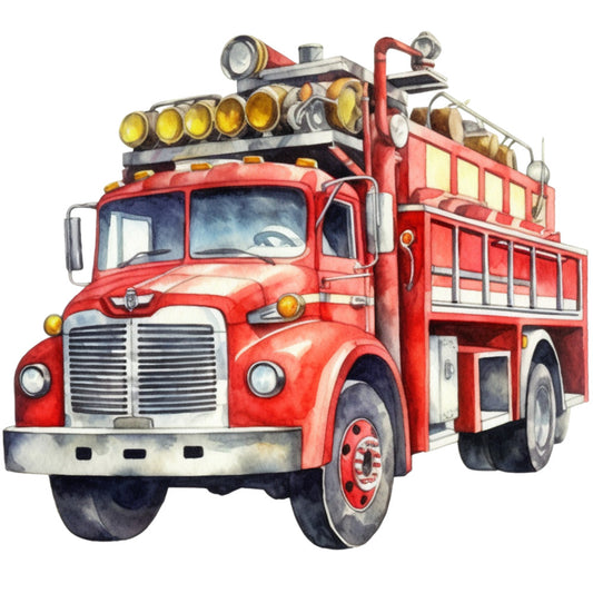 red fire truck, vintage vehicle, watercolor style, bright red, yellow lights, silver chrome, black tires, emergency vehicle, retro illustration, fabric panel, quilting cotton, transportation theme, firefighter truck, nostalgic artwork, detailed rendering, automotive design, rescue vehicle, painted illustration, craft fabric, sewing panel