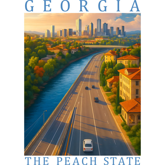 blue, peach, orange, yellow, green, cityscape, highway, river, buildings, skyscrapers, houses, trees, cars, bridge, landscape, sunset, warm tones, fabric panel, quilting cotton, georgia state, urban scene, autumn foliage, golden hour lighting, architectural
