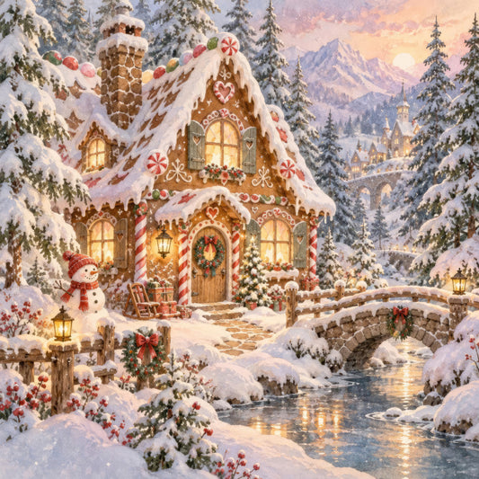 gingerbread house, christmas, holiday, winter, snow, festive, whimsical, traditional, nostalgic, fairy tale, candy cane, peppermint, cream, brown, red, gold, green, ivory, forest green, candy cane striped, heart motifs, snowman, pine trees, mountain landscape, cottage core, enchanted forest, magical, storybook, vintage christmas, warm white