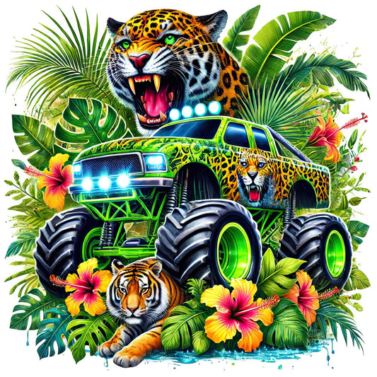 bright lime green, neon green, tropical yellow, hot pink, orange, black, white, vibrant multicolor, animal print, leopard print, tiger stripes, floral, hibiscus, tropical flowers, monstera leaves, palm leaves, jungle foliage, wild cats, jaguars, tigers, leopards, monster truck, vehicle, nature, wildlife, whimsical, bold, playful, fun, adventurous
