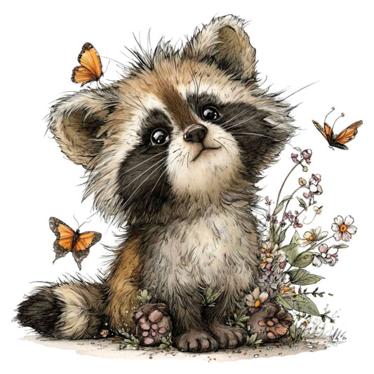 cute animal, fluffy creature, raccoon, woodland animal, butterflies, flowers, daisies, nature themed, whimsical, children's, baby, storybook illustration, cream, tan, brown, black, orange, pink, gentle, soft, spring, summer, nursery, children's quilt, wall hanging, illustrative, vintage style, forest friends, garden theme, playful