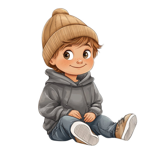 tan beanie, brown hair, cute boy, children's illustration, whimsical, playful, charcoal gray hoodie, blue jeans, tan boots, smiling child, cheerful, casual wear, winter clothing, kids apparel, nursery decor, baby boy, toddler, innocent expression, warm tones, neutral colors, gray, blue, tan, brown, child character, friendly, approachable, seated pose, relaxed, cozy style