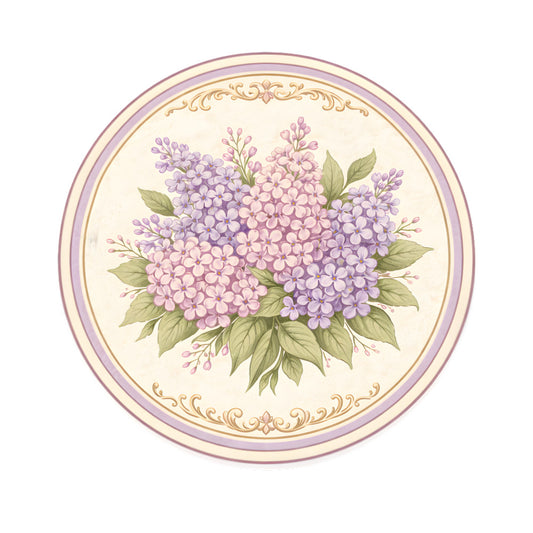 lilac, lavender, purple, pale pink, mauve, sage green, soft colors, pastel, floral, botanical, flowers, lilacs, blooms, nature, vintage, elegant, romantic, traditional, spring, garden, decorative border, ornamental, classic, feminine, botanical illustration, flower clusters, leaf motifs, gold accents
