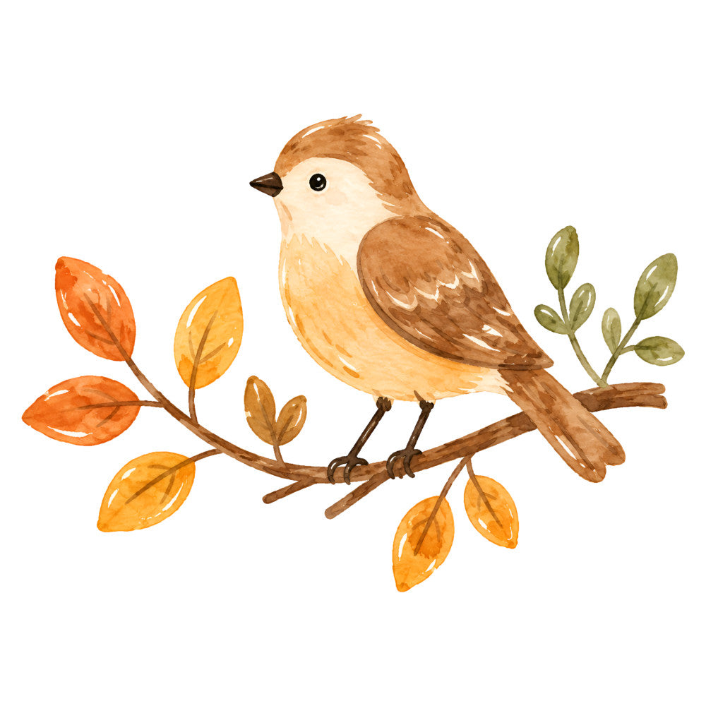 autumn bird, brown bird, tan bird, cream colored bird, orange leaves, golden yellow leaves, green buds, nature theme, woodland, seasonal, fall colors, rust orange, golden yellow, warm brown, natural tones, bird on branch, perched bird, botanical, rustic style, whimsical, traditional, autumn leaves, fall foliage, wildlife, small bird, songbird, decorative panel, wall hanging, table runner, nursery