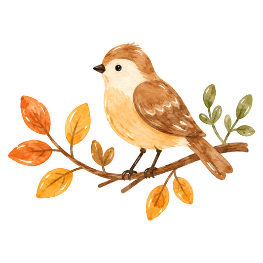 autumn bird, brown bird, tan bird, cream colored bird, orange leaves, golden yellow leaves, green buds, nature theme, woodland, seasonal, fall colors, rust orange, golden yellow, warm brown, natural tones, bird on branch, perched bird, botanical, rustic style, whimsical, traditional, autumn leaves, fall foliage, wildlife, small bird, songbird, decorative panel, wall hanging, table runner, nursery