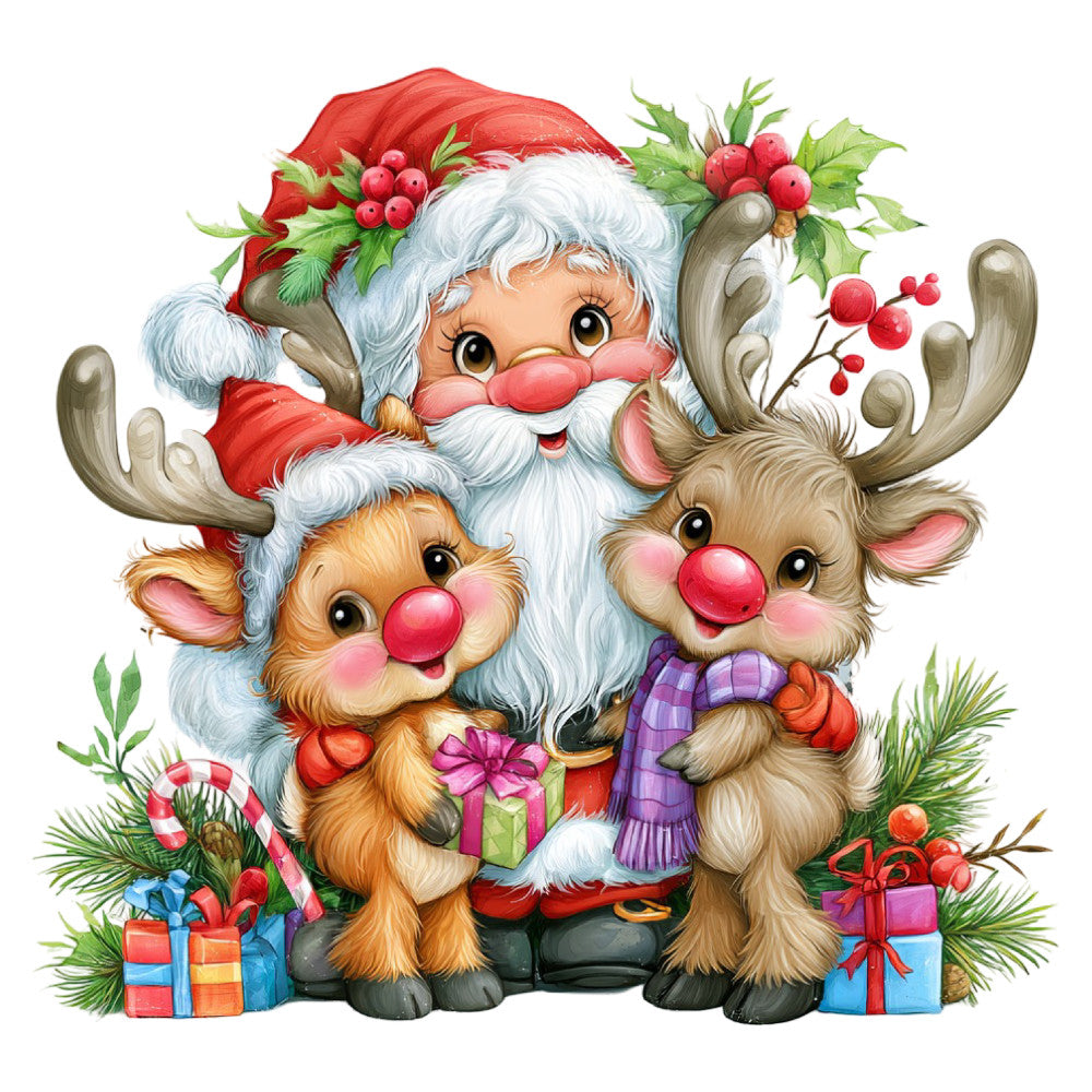 santa claus, reindeer, christmas, holiday, whimsical, festive, red, white, green, gold, cream, burgundy, tan, brown, nostalgic, vintage, cheerful, joyful, cute animals, jolly, gift giving, holly berries, candy cane, traditional christmas, children's, playful, decorative panel, wall hanging, seasonal, winter