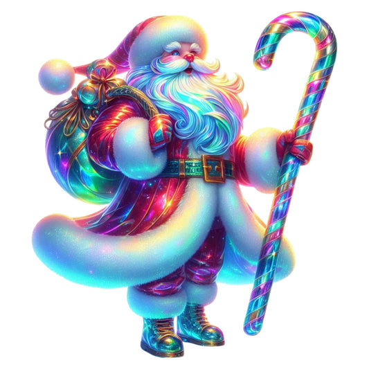 rainbow santa, holographic santa, neon santa, multi-color santa, candy cane, christmas holiday, festive, whimsical, colorful, vibrant, iridescent, metallic, psychedelic, bright, joyful, jolly, sparkly, shimmery, cyan blue, hot pink, golden yellow, electric purple, modern christmas, contemporary holiday, magical, fantasy, fun, playful, children's christmas, novelty print
