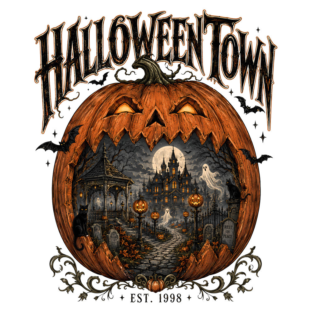 halloween, pumpkin, jack-o-lantern, haunted house, ghost, bat, cemetery, graveyard, tombstone, moon, orange, black, cream, gray, charcoal, gothic, spooky, creepy, vintage, whimsical, autumn, fall, festive, horror, supernatural, lantern, stars, established 1998, decorative, holiday