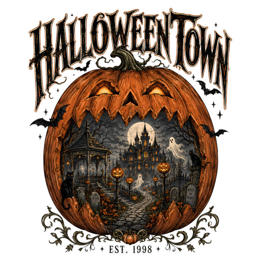 halloween, pumpkin, jack-o-lantern, haunted house, ghost, bat, cemetery, graveyard, tombstone, moon, orange, black, cream, gray, charcoal, gothic, spooky, creepy, vintage, whimsical, autumn, fall, festive, horror, supernatural, lantern, stars, established 1998, decorative, holiday
