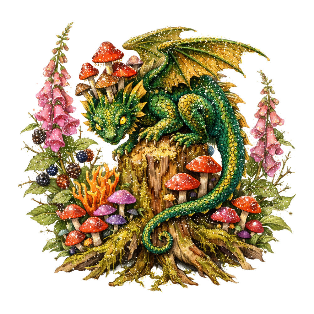 dragon, fantasy, magical, whimsical, forest green, gold, yellow, coral red, pink, purple, nature, woodland, mushrooms, berries, flowers, foxglove, moss, enchanted, fairy tale, storybook, rustic, cottage core, blackberries, raspberries, toadstools, scales, wings, adventure, children's, illustration art