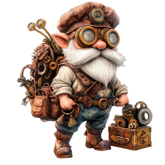 steampunk gnome, mechanical gears, copper tones, brass accents, brown leather, white beard, goggles, vintage machinery, fantasy character, fabric panel, quilting cotton, copper brown, antique brass, steampunk aesthetic, whimsical design, mechanical contraptions, leather straps, clockwork elements, gnome illustration, rustic browns