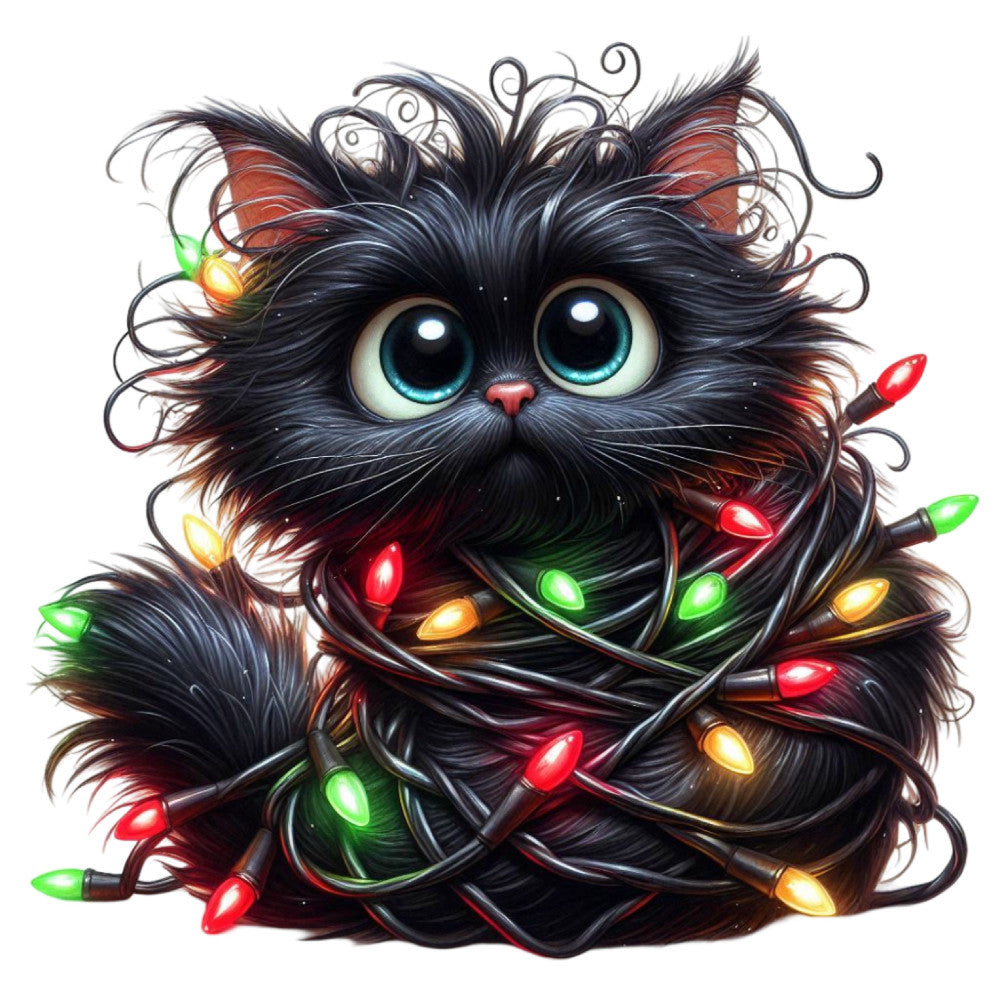 black cat, turquoise eyes, christmas lights, holiday, festive, whimsical, cute, dark academia, multicolor, red lights, green lights, orange lights, yellow lights, magical, enchanted, winter, seasonal, novelty, quirky, playful, cat lover, animal theme, modern, contemporary, illuminated, colorful, fun, cheerful, decorative