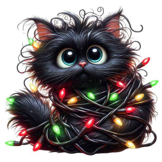 black cat, turquoise eyes, christmas lights, holiday, festive, whimsical, cute, dark academia, multicolor, red lights, green lights, orange lights, yellow lights, magical, enchanted, winter, seasonal, novelty, quirky, playful, cat lover, animal theme, modern, contemporary, illuminated, colorful, fun, cheerful, decorative