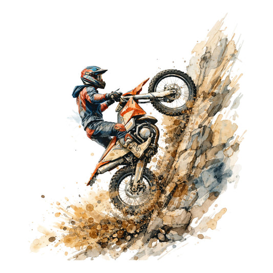 motocross, dirt bike, extreme sports, action sports, watercolor, splatter, orange, blue, rust, tan, beige, gray, adventure, masculine, dynamic, energetic, modern, sporty, stunt rider, motorcycle, athletic, abstract splatter, grunge, contemporary, youth, daredevil, off-road, racing, bold