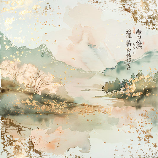 sage green, dusty rose, cream, gold accents, watercolor style, mountain landscape, misty atmosphere, asian calligraphy, cherry blossoms, flowing river, delicate trees, soft pastels, fabric panel, quilting cotton, serene mood, nature scene, oriental art, spring theme, peaceful valley, artistic brushstrokes