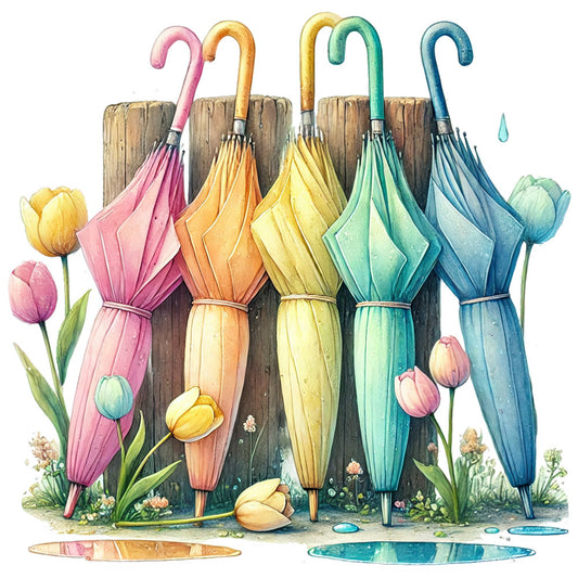 umbrellas, pastel pink, soft yellow, sage green, dusty blue, navy blue, watercolor, floral, tulips, nature, whimsical, spring, easter, rainy day, botanical, colorful, gradient, vintage, children's, playful, cheerful, garden, flowers, decorative, wall hanging, nursery, shabby chic, illustration, artistic, weather