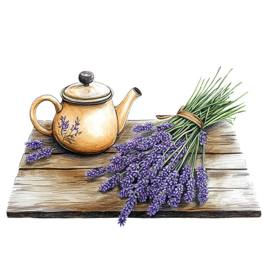lavender, purple flowers, golden yellow, cream, wooden texture, floral, lavender bundles, teapot, botanical, rustic, farmhouse, vintage, provence, cottage core, nature, spring, summer, elegant, traditional, herbal, dried flowers, tea time, kitchen, table runner, wall hanging, home decor, natural elements, french country, calming