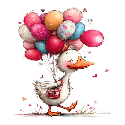 hot pink, coral orange, sky blue, cream white, burgundy, rose pink, whimsical, duck, goose, balloons, hearts, butterflies, cheerful, playful, children's, baby, spring, nursery, animal, cute, illustrated, storybook, love, celebration, joyful, colorful, sweet, decorative panel, wall art
