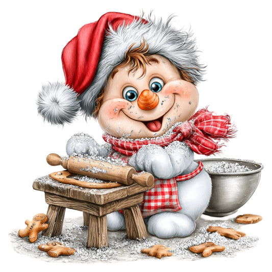 christmas, holiday, santa hat, snowman, baking, gingerbread, cookies, kitchen, red and white, cream, white, red, plaid, gingham, rustic, whimsical, festive, winter, cheerful, vintage, traditional, decorative, home decor, wall hanging, flour, rolling pin, mixing bowl, folk art, retro, country