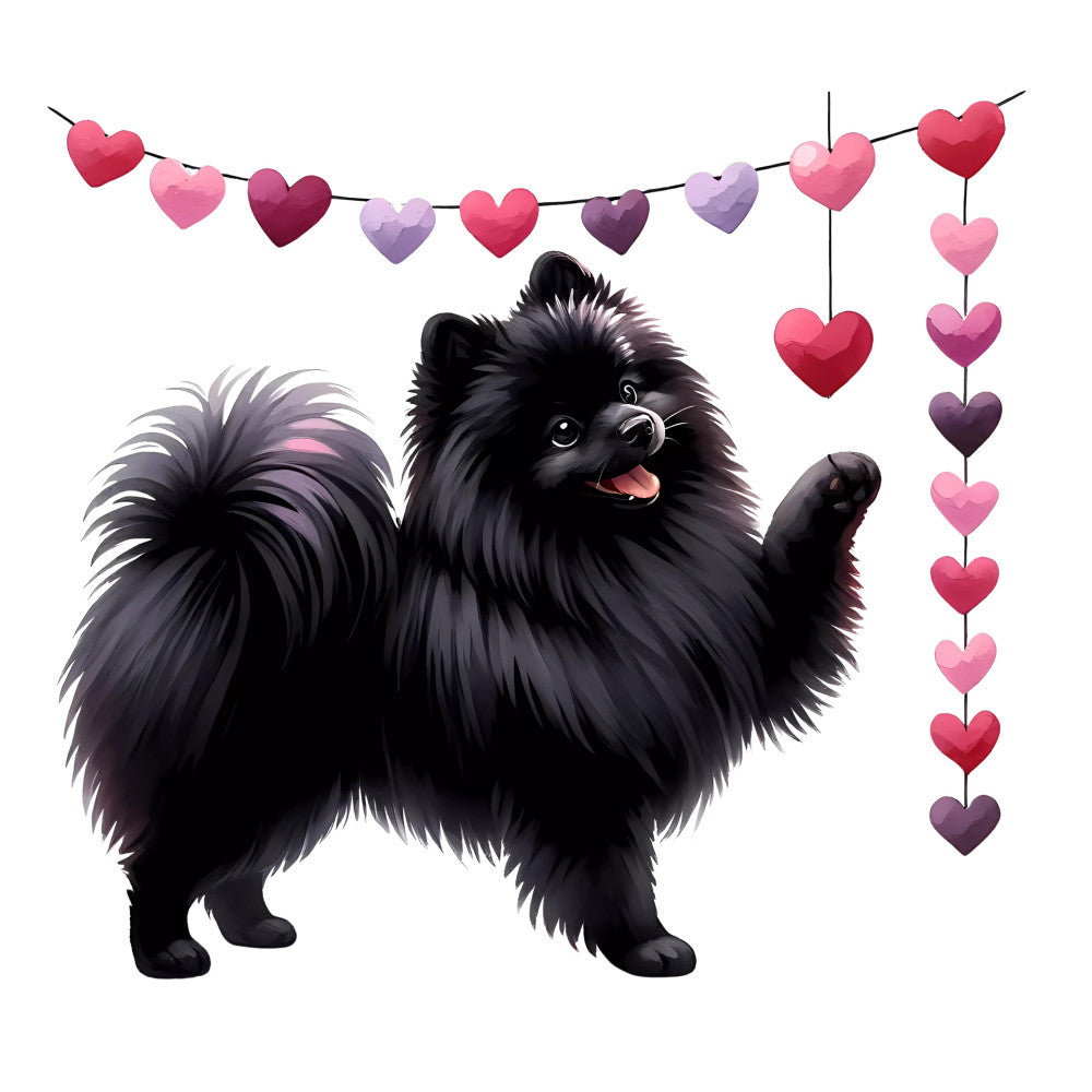 black dog, pomeranian, fluffy dog, cute dog, heart garland, pink hearts, purple hearts, red hearts, love theme, valentine's day, dog lover, pet themed, animal print, whimsical, playful, cheerful, festive, heart motif, hanging hearts, string of hearts, black and pink, black and purple, romantic, sweet, charming, dog breed, small dog, puffy tail, happy dog