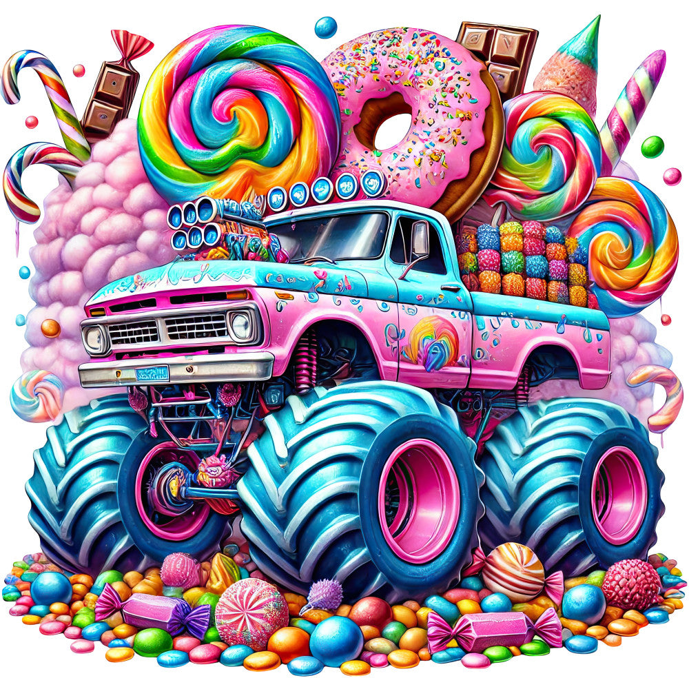 hot pink, bright pink, turquoise blue, rainbow colors, neon colors, magenta, cyan blue, candy colors, vibrant colors, whimsical, playful, fun, colorful, candy themed, lollipop, donut, sprinkles, chocolate, sweets, dessert, monster truck, vehicles, oversized truck, candy car, colorful swirls, spiral pattern, polka dots, candyland, bright and bold, novelty print