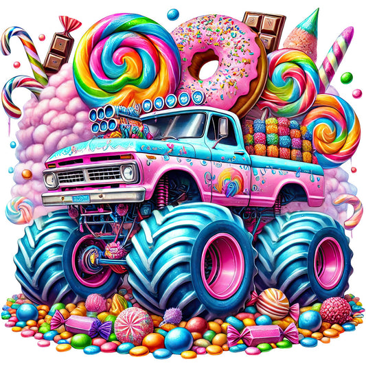 hot pink, bright pink, turquoise blue, rainbow colors, neon colors, magenta, cyan blue, candy colors, vibrant colors, whimsical, playful, fun, colorful, candy themed, lollipop, donut, sprinkles, chocolate, sweets, dessert, monster truck, vehicles, oversized truck, candy car, colorful swirls, spiral pattern, polka dots, candyland, bright and bold, novelty print