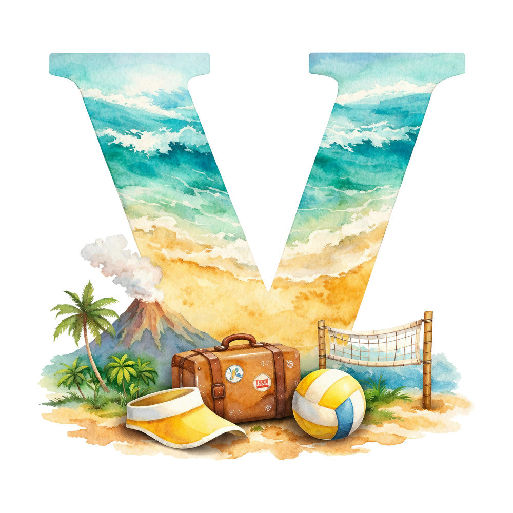 turquoise, aqua blue, sandy beige, golden yellow, ocean blue, cream, tropical, beach, vacation, travel, summer, coastal, nautical, whimsical, watercolor, volcano, palm tree, suitcase, volleyball, visor, net, adventure, seaside, wanderlust, relaxation, tropical getaway, letter v, alphabet, kids, playful