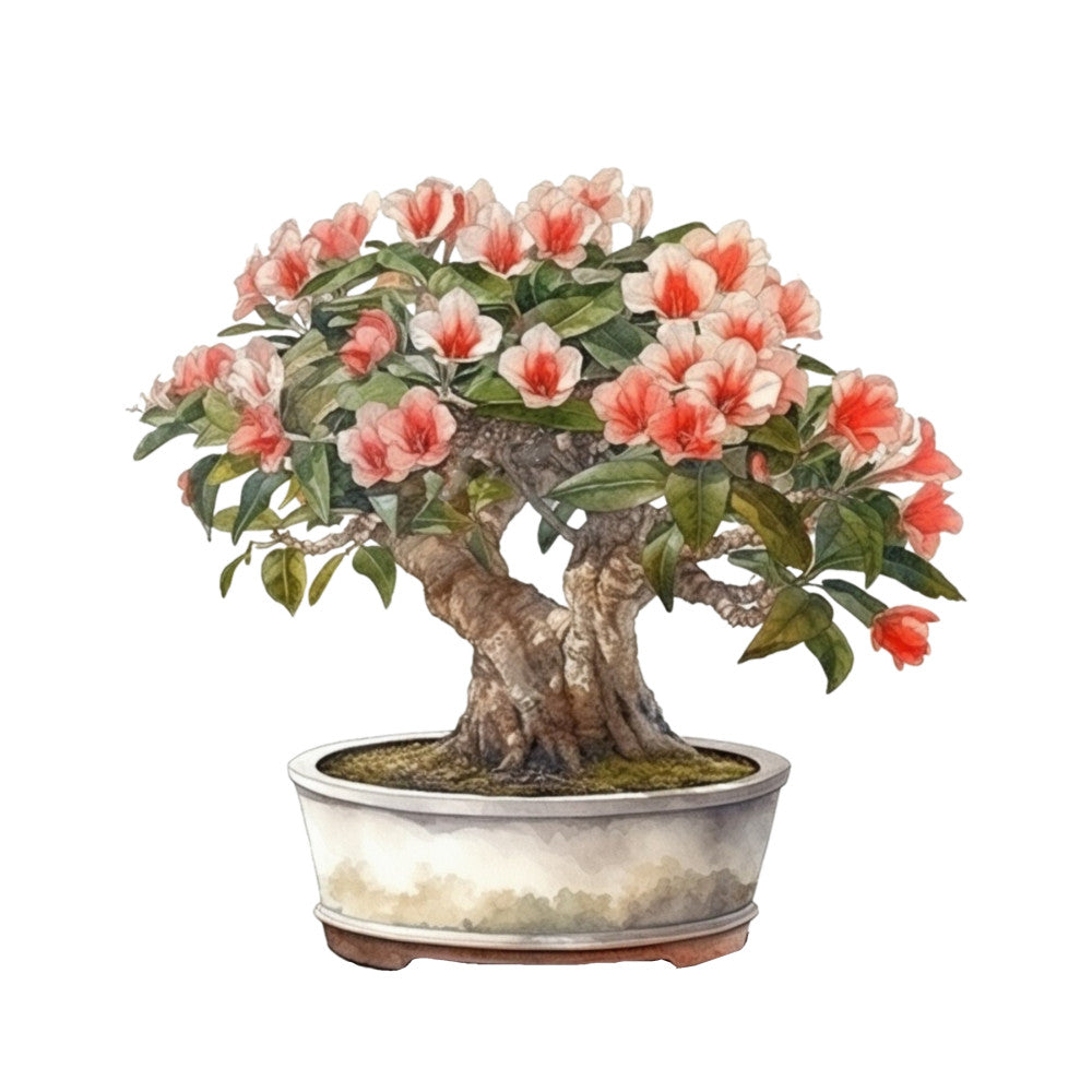bonsai tree, fabric panel, coral flowers, pink blooms, green leaves, brown trunk, ceramic pot, watercolor style, botanical illustration, asian inspired, quilting cotton, floral design, miniature tree, gardening theme, nature motif, peaceful mood, decorative panel, craft fabric, flowering bonsai, potted plant