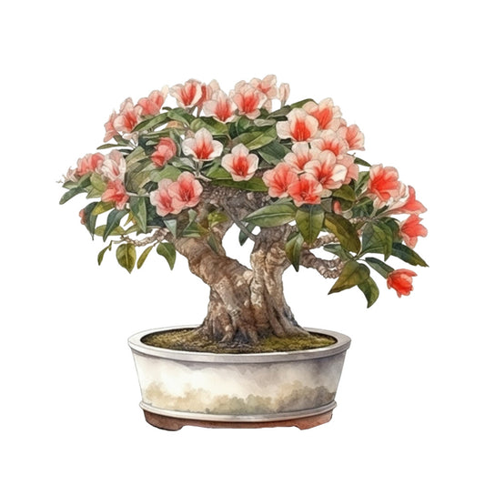 bonsai tree, fabric panel, coral flowers, pink blooms, green leaves, brown trunk, ceramic pot, watercolor style, botanical illustration, asian inspired, quilting cotton, floral design, miniature tree, gardening theme, nature motif, peaceful mood, decorative panel, craft fabric, flowering bonsai, potted plant