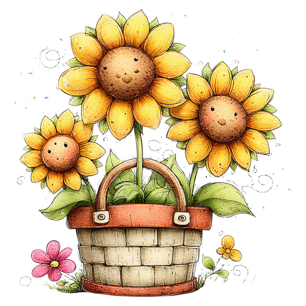sunflower, golden yellow, burnt orange, sage green, cream, tan, terracotta, pink flower, floral, nature, botanical, garden, potted flowers, basket, whimsical, cheerful, cottage core, farmhouse, spring, summer, cute faces, anthropomorphic, children's, folk art, hand drawn, illustrative, vintage inspired, country style, bright colors, cheerful design