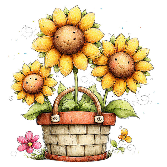 sunflower, golden yellow, burnt orange, sage green, cream, tan, terracotta, pink flower, floral, nature, botanical, garden, potted flowers, basket, whimsical, cheerful, cottage core, farmhouse, spring, summer, cute faces, anthropomorphic, children's, folk art, hand drawn, illustrative, vintage inspired, country style, bright colors, cheerful design
