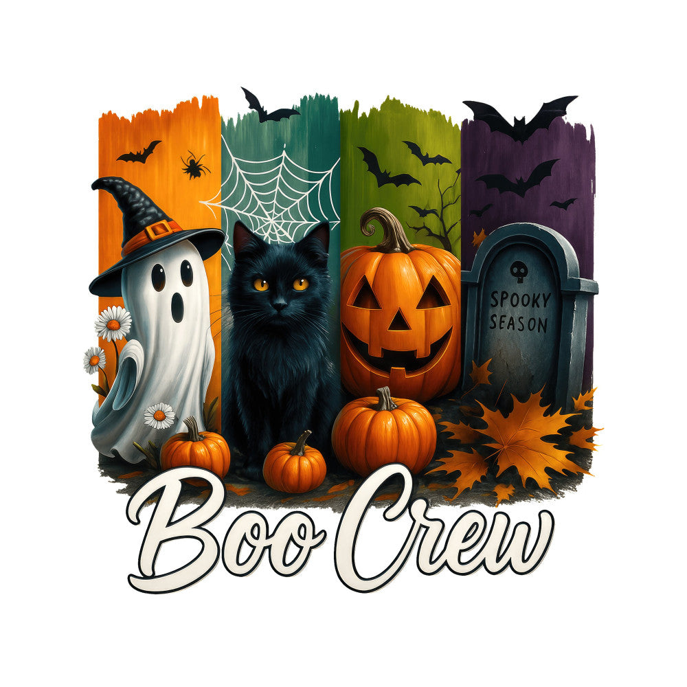 halloween, boo crew, ghost, black cat, jack-o-lantern, pumpkin, tombstone, bat, spider, web, autumn, fall, orange, black, purple, green, spooky, seasonal, holiday, festive, whimsical, trick-or-treat, haunted, creepy, witchy, costume, october, harvest, leaves, daisy flowers