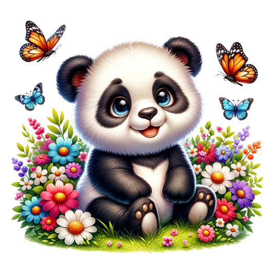 cute panda, baby panda, fabric panel, quilting cotton, floral design, colorful flowers, butterflies, orange monarch, blue butterfly, pastel colors, pink flowers, white daisies, green foliage, kawaii style, children's fabric, nursery decor, spring theme, whimsical art, cartoon panda, nature scene
