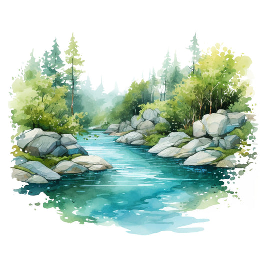 turquoise water, forest green, sage green, soft yellow, gray rocks, landscape, nature scene, watercolor, river, woodland, trees, coniferous forest, stream, scenic, tranquil, peaceful, naturalistic, botanical, outdoor, adventure, hiking, camping, rustic, organic, soft watercolor, misty forest, flowing water, boulders, evergreens