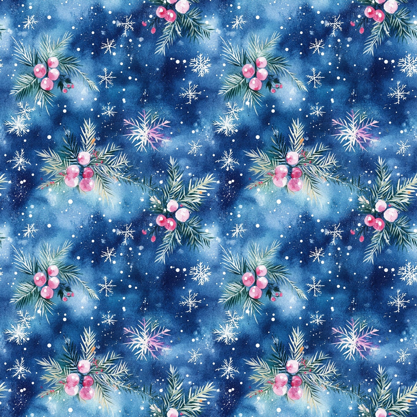 Watercolor Blue Christmas Pattern 3 Quilting Cotton Fabric