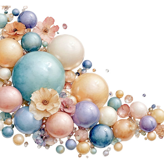teal blue, cream white, dusty rose, lavender purple, peachy tan, blush pink, navy blue, iridescent spheres, pearls, bubbles, floral, watercolor flowers, cosmos flowers, nature, elegant, whimsical, botanical, modern, soft pastels, dreamy, ethereal, spring, summer, decorative, wall art, home decor, artistic, abstract florals, dimensional, luminous