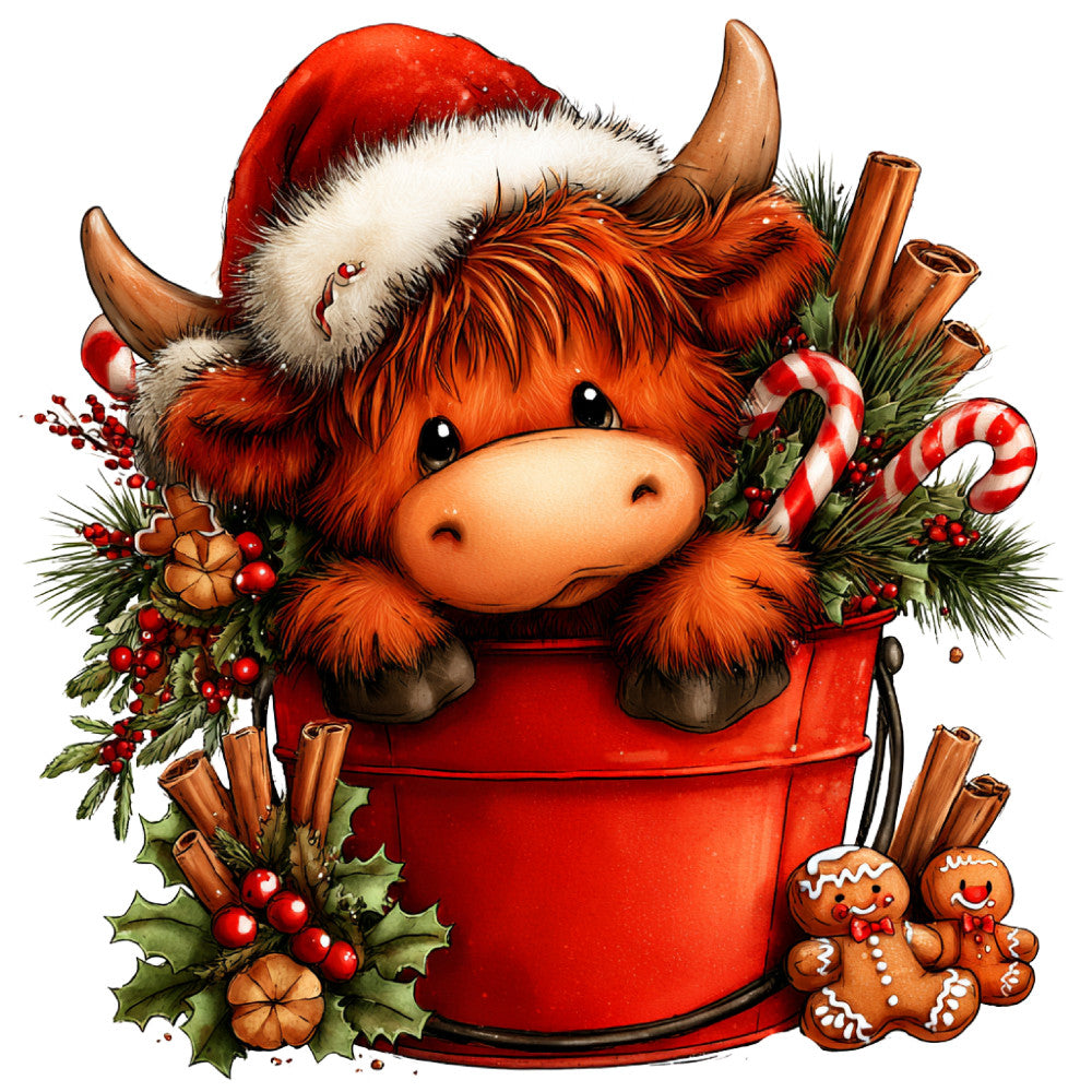 christmas, holiday, winter, festive, red, orange, cream, white, green, gold, brown, cute animals, highland cattle, cow, bull, whimsical, playful, candy canes, gingerbread men, cinnamon sticks, holly, berries, seasonal decorations, cozy, traditional, charming, christmas themed, festive animals, novelty print