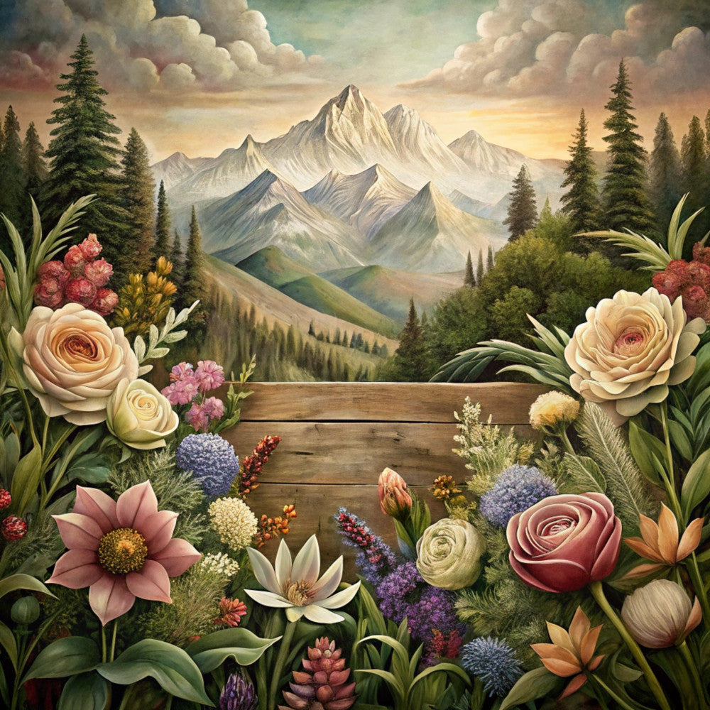 mountain landscape, floral border, fabric panel, quilting cotton, snow-capped peaks, evergreen trees, pastel colors, botanical illustration, nature scene, wooden fence, roses, wildflowers, alpine scenery, sunset sky, forest valley, decorative flowers, outdoor wilderness, craft fabric, detailed artwork, scenic vista
