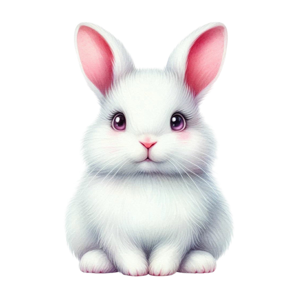 white bunny, pink ears, cute rabbit, purple eyes, fluffy animal, baby animal, whimsical, kawaii, children's, nursery, pastel pink, soft white, gentle, sweet, adorable, bunny face, long ears, fuzzy texture, playful, innocent, spring, easter, bunny themed, animal lover, kids fabric, baby quilt, wall hanging, decorative panel, illustrated animal