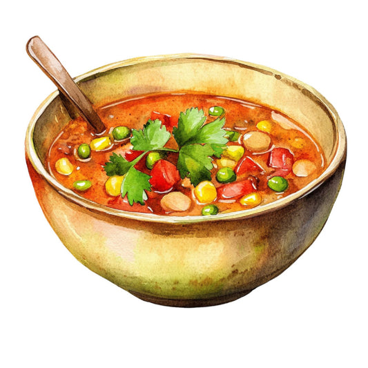 soup bowl, food illustration, kitchen, culinary art, cooking themed, red broth, orange soup, wooden bowl, rustic, farmhouse, comfort food, recipe, vegetables, corn, peas, peppers, cilantro, herbs, asian cuisine, thai food, spiced soup, warm colors, burnt orange, golden yellow, sage green, red pepper, food art, kitchen decor, chef gift, foodie