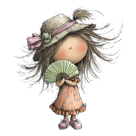 whimsical girl, cute character, illustrated, fan, straw hat, pink ribbon, long hair, brown dress, floral print, vintage style, spring, summer, children's fabric, girl theme, doll-like, charming, pastoral, folk art, nostalgic, sweet, feminine, cottage core, daydream, playful, cream background, soft colors, dusty rose, sage green, tan, character panel