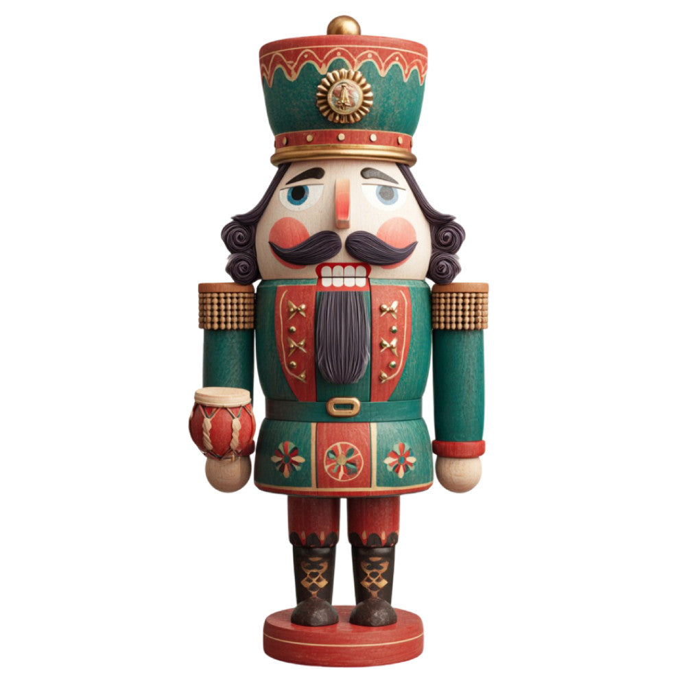 nutcracker, christmas, holiday, festive, soldier, toy soldier, traditional, whimsical, vintage, forest green, deep red, burgundy, gold accents, cream, decorative, geometric patterns, floral motifs, ornamental, crown, formal attire, military uniform, wooden toy, nostalgic, winter, seasonal, wall hanging, home decor, children's, classic design, elegant