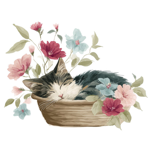 cat, flowers, floral, sleeping cat, tabby cat, basket, pink flowers, burgundy flowers, dusty blue flowers, sage green leaves, botanical, nature, whimsical, cottage core, farmhouse, rustic, elegant, spring, soft colors, pastel, dusty rose, mauve pink, wine red, light blue, cream, tan basket, animal theme, garden flowers, peaceful, calming