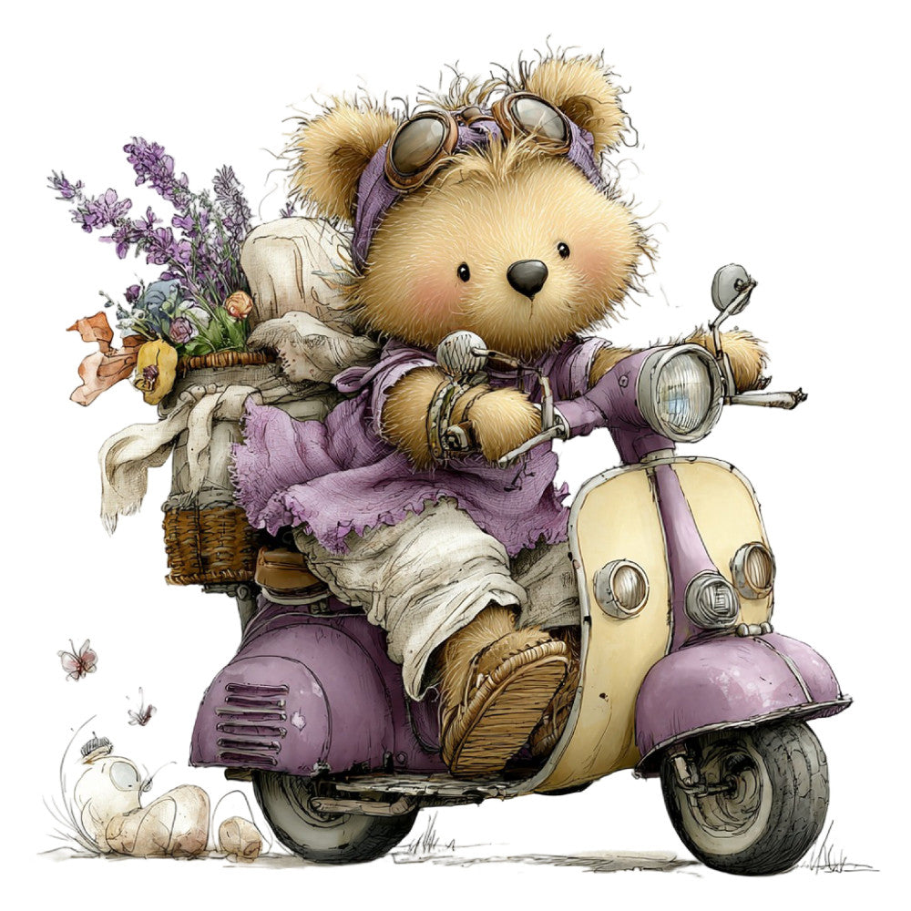 teddy bear, scooter, vintage scooter, steampunk, lavender purple, cream, tan, whimsical, adventure, retro, flowers, floral basket, goggles, cute animals, children's fabric, adorable bear, nature, gentle, soft colors, nostalgic, playful, decorative motifs, travel theme, pastoral, illustration style, charming, endearing, embellished details, artistic