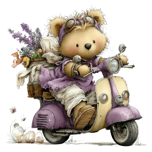 teddy bear, scooter, vintage scooter, steampunk, lavender purple, cream, tan, whimsical, adventure, retro, flowers, floral basket, goggles, cute animals, children's fabric, adorable bear, nature, gentle, soft colors, nostalgic, playful, decorative motifs, travel theme, pastoral, illustration style, charming, endearing, embellished details, artistic