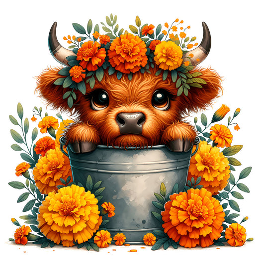 Cute Highland Cows in Buckets Fabric Panel 10 showing an adorable Highland calf with flowers in a metal bucket, premium quilting cotton print.