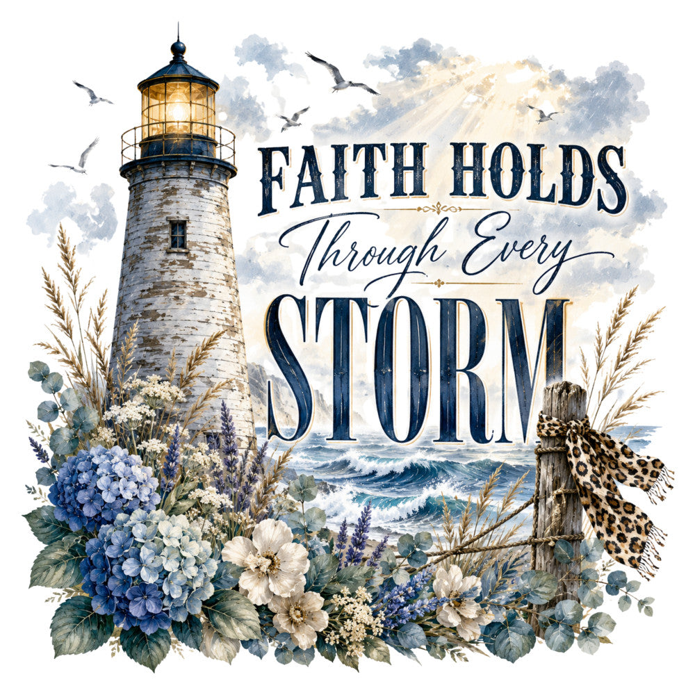 navy blue, cream, gold, white, light blue, coastal, nautical, lighthouse, ocean waves, floral, hydrangeas, peonies, wildflowers, birds, inspirational quote, faith, stormy weather, rustic, vintage, elegant, coastal cottage, seaside, nature, botanical, flowers and foliage, decorative panel, wall hanging, home decor, fabric art, spiritual