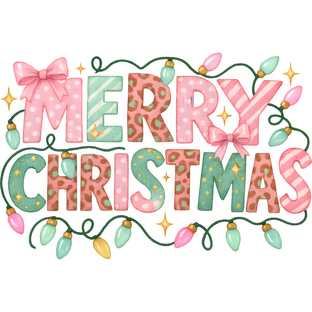 pink, green, coral, mint, pastel colors, christmas lights, holiday theme, bow ribbons, polka dots, stripes, watercolor style, festive lettering, christmas bulbs, sparkles, stars, whimsical design, fabric panel, quilting cotton, holiday crafting, seasonal fabric