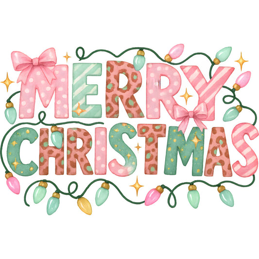 pink, green, coral, mint, pastel colors, christmas lights, holiday theme, bow ribbons, polka dots, stripes, watercolor style, festive lettering, christmas bulbs, sparkles, stars, whimsical design, fabric panel, quilting cotton, holiday crafting, seasonal fabric