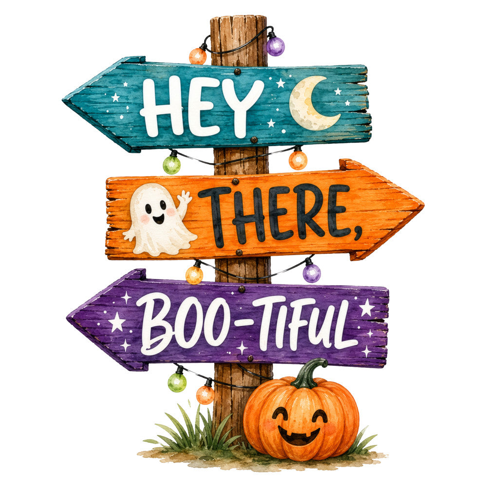 halloween, hey there boo-tiful, trick or treat, pumpkin, ghost, wooden signs, directional signs, teal blue, orange, purple, celestial, moon, stars, whimsical, rustic, fall, autumn, seasonal, holiday, spooky, cute, playful, decorative, home decor, wall hanging, children's, kids, festive, typography